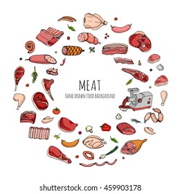 Hand drawn doodle set of cartoon different kind of meat and poultry. Vector illustration set. Sketchy food elements collection: Lamb, Pork, Ham, Mince, Chicken, Steak, Bacon, Sausage, Salami, Veggie.