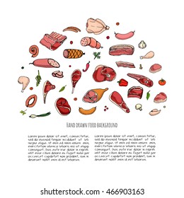 Hand drawn doodle set of cartoon different kind of meat and poultry. Vector illustration set. Sketchy food elements collection: Lamb, Pork, Ham, Mince, Chicken, Steak, Bacon, Sausage, Salami, Veggie.
