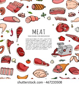 Hand drawn doodle set of cartoon different kind of meat and poultry. Vector illustration set. Sketchy food elements collection: Lamb, Pork, Ham, Mince, Chicken, Steak, Bacon, Sausage, Salami, Veggie.