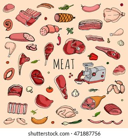 Hand drawn doodle set of cartoon different kind of meat and poultry. Vector illustration set. Sketchy food elements collection: Lamb, Pork, Ham, Mince, Chicken, Steak, Bacon, Sausage, Salami, Veggie.