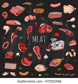 Hand drawn doodle set of cartoon different kind of meat and poultry. Vector illustration set. Sketchy food elements collection: Lamb, Pork, Ham, Mince, Chicken, Steak, Bacon, Sausage, Salami, Veggie.