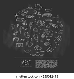 Hand drawn doodle set of cartoon different kind of meat and poultry. Meat set Vector illustration. Sketchy flesh elements collection Lamb Pork Ham Mince Chicken Steak Bacon Sausage Salami Delicatessen