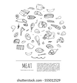 Hand drawn doodle set of cartoon different kind of meat and poultry. Meat set Vector illustration. Sketchy flesh elements collection Lamb Pork Ham Mince Chicken Steak Bacon Sausage Salami Delicatessen
