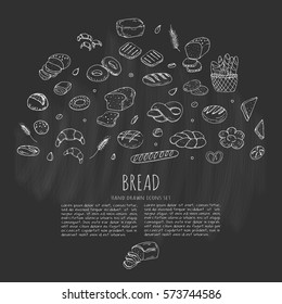 Hand drawn doodle set of cartoon food: rye, ciabatta, whole grain bread, bagel, sliced, french baguette, croissant, sweet, salty etc Bread set Vector illustration Sketchy bakery elements collection 