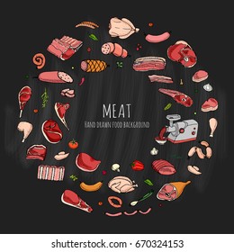 Hand drawn doodle set of cartoon different kind of meat and poultry. Meat set Vector illustration. Sketchy flesh elements collection Lamb Pork Ham Mince Chicken Steak Bacon Sausage Salami Delicatessen