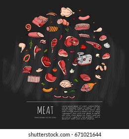 Hand drawn doodle set of cartoon of meat and poultry. Vector illustration set. Sketchy food elements collection: Lamb Pork Ham Mince Chicken Steak Bacon Sausage Salami Veggie Chalkboard background