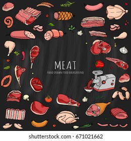 Hand drawn doodle set of cartoon of meat and poultry. Vector illustration set. Sketchy food elements collection: Lamb Pork Ham Mince Chicken Steak Bacon Sausage Salami Veggie Chalkboard background