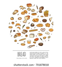 Hand drawn doodle set of cartoon food: rye bread, ciabatta, whole grain, bagel, sliced, french baguette, croissant Bread set Vector illustration Sketchy wheat food elements collection 
