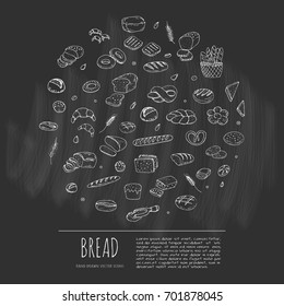 Hand drawn doodle set of cartoon food: rye bread, ciabatta, whole grain, bagel, sliced, french baguette, croissant Bread set Vector illustration Sketchy wheat food elements collection 