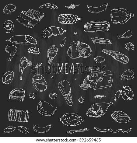 Hand drawn doodle set of cartoon different kind of meat and poultry set. Vector illustration Sketchy food elements collection Lamb Pork Ham Mince Chicken Turkey Steak Bacon Sausage Salami Delicatessen