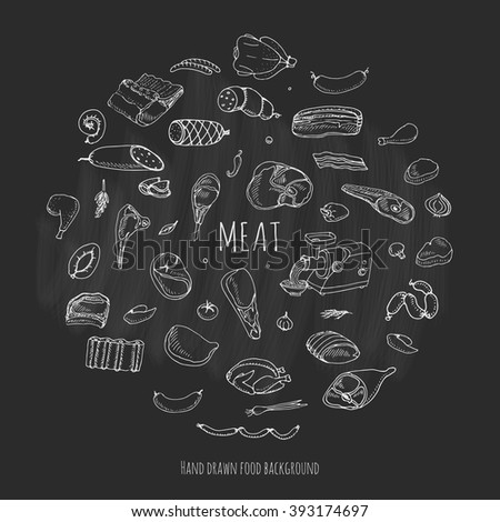 Hand drawn doodle set of cartoon different kind of meat and poultry set. Vector illustration Sketchy food elements collection Lamb Pork Ham Mince Chicken Turkey Steak Bacon Sausage Salami Delicatessen