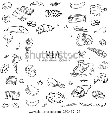 Hand drawn doodle set of cartoon different kind of meat and poultry set. Vector illustration Sketchy food elements collection Lamb Pork Ham Mince Chicken Turkey Steak Bacon Sausage Salami Delicatessen