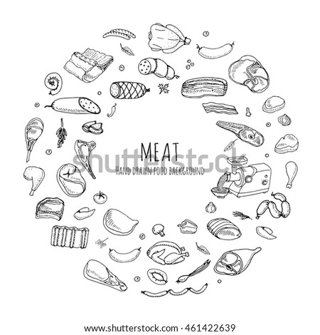 Hand drawn doodle set of cartoon different kind of meat and poultry. Vector illustration set. Sketchy food elements collection: Lamb, Pork, Ham, Mince, Chicken, Steak, Bacon, Sausage, Salami, Veggie.