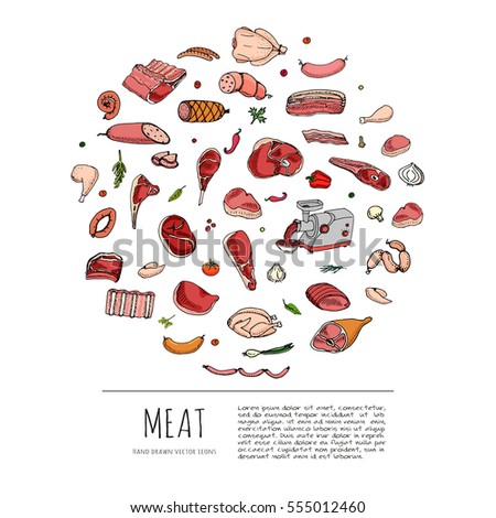 Hand drawn doodle set of cartoon different kind of meat and poultry. Meat set Vector illustration. Sketchy flesh elements collection Lamb Pork Ham Mince Chicken Steak Bacon Sausage Salami Delicatessen