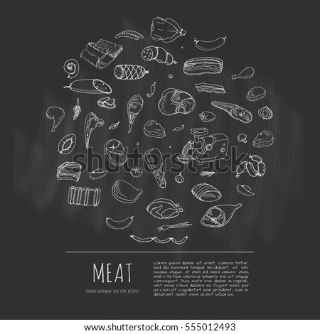 Hand drawn doodle set of cartoon different kind of meat and poultry. Meat set Vector illustration. Sketchy flesh elements collection Lamb Pork Ham Mince Chicken Steak Bacon Sausage Salami Delicatessen