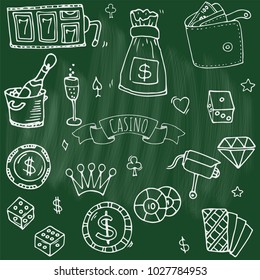 Hand drawn doodle set of Casino icons. Vector illustration. Cartoon Gambling symbols. Sketchy game elements collection: bet, jackpot, cards, chips, coins, darts, roulette, poker, money, slot.