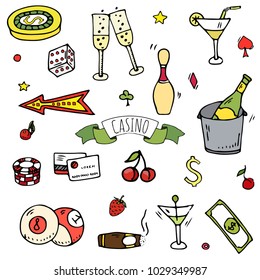 Hand drawn doodle set of Casino icons. Vector illustration. Cartoon Gambling symbols. Sketchy game elements collection: bet, jackpot, cards, chips, coins, darts, roulette, poker, money, slot.