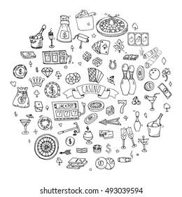 Hand drawn doodle set of Casino icons. Vector illustration set. Cartoon Gambling symbols. Sketchy game elements collection: bet, jackpot, cards, chips, coins, darts, roulette, poker, money, slot.