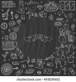 Hand drawn doodle set of Casino icons. Vector illustration set. Cartoon Gambling symbols. Sketchy game elements collection: bet, jackpot, cards, chips, coins, darts, roulette, poker, money, slot.