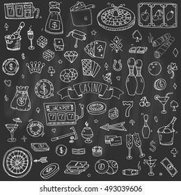 Hand drawn doodle set of Casino icons. Vector illustration set. Cartoon Gambling symbols. Sketchy game elements collection: bet, jackpot, cards, chips, coins, darts, roulette, poker, money, slot.
