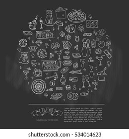 Hand drawn doodle set of Casino icons. Vector illustration set. Cartoon Gambling symbols. Sketchy game elements collection: bet, jackpot, cards, chips, coins, darts, roulette, poker, money, slot.