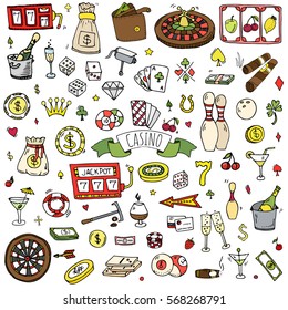 Hand drawn doodle set of Casino icons. Vector illustration set. Cartoon Gambling symbols. Sketchy game elements collection: bet, jackpot, cards, chips, coins, darts, roulette, poker, money, slot