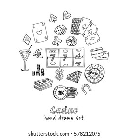 Hand drawn doodle set of Casino icons. Vector illustration set. Cartoon Gambling symbols. Sketchy game elements collection: bet jackpot cards chips coins darts roulette poke, money.