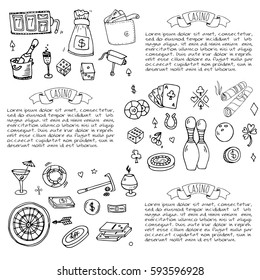 Hand drawn doodle set of Casino icons. Vector illustration set. Cartoon Gambling symbols. Sketchy game elements collection: bet, jackpot, cards, chips, coins, darts, roulette, poker, money, slot.