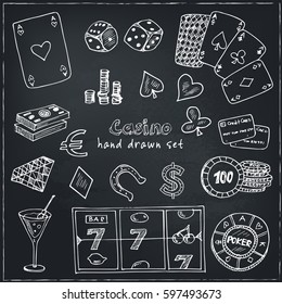 Hand drawn doodle set of Casino icons. Vector illustration set. Cartoon Gambling symbols. Sketchy game elements collection: bet jackpot cards chips coins darts roulette poke, money.