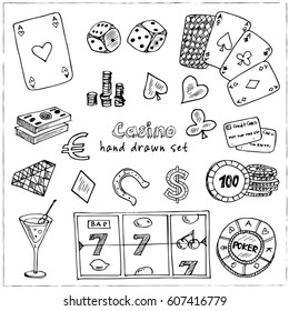 Hand drawn doodle set of Casino icons. Vector illustration set. Cartoon Gambling symbols. Sketchy game elements collection: bet jackpot cards chips coins darts roulette poke, money.