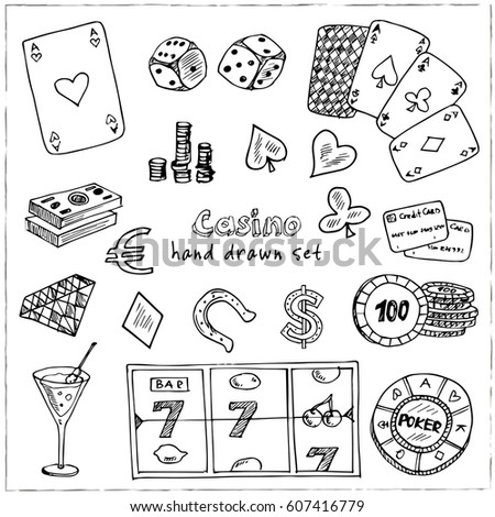 Hand drawn doodle set of Casino icons. Vector illustration set. Cartoon Gambling symbols. Sketchy game elements collection: bet jackpot cards chips coins darts roulette poke, money.