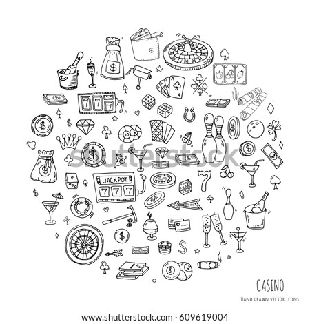 Hand drawn doodle set of Casino icons. Vector illustration set. Cartoon Gambling symbols. Sketchy game elements collection: bet, jackpot, cards, chips, coins, darts, roulette, poker, money, slot.