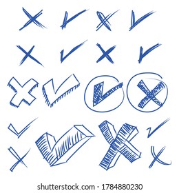 hand drawn of doodle set of check mark and wrong mark. false and true vector illustration
