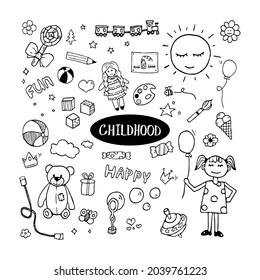 Hand drawn doodle set with childhood elements. Black and white clip arts. Outline. Children's toy.