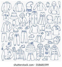 Hand drawn doodle set with childish clothes on squared paper. Vector illustration for backgrounds, textile prints, web and graphic design