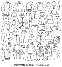 Hand drawn doodle set with childish clothes. Vector illustration for backgrounds, textile prints, web and graphic design