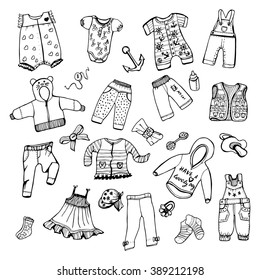 Hand drawn doodle set with childish clothes on squared paper. Vector illustration for backgrounds, textile prints, web and graphic design. jacket, pants, overalls, dress, bow, socks