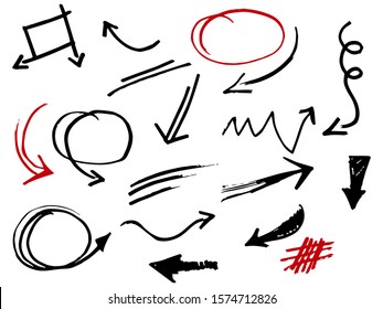 hand drawn of doodle set. circles scribble, arrow, artistic pen brush. vector hand drawn grunge stroke