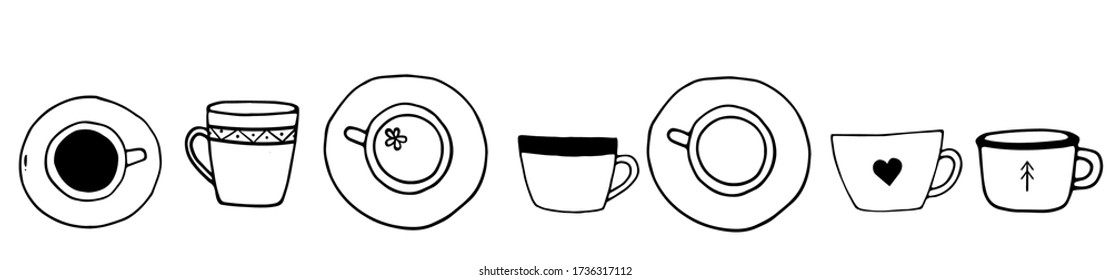 Set de doodle dibujado a mano de tazas de café y té. Ilustración vectorial del tiempo de té para tarjetas, carteles, diseño de menú.