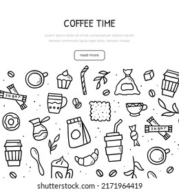 Hand drawn doodle set of coffee theme items. Banner template. Sketch style illustration.