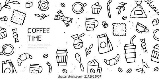 Hand drawn doodle set of coffee theme items. Horizontal banner template. Sketch style illustration.