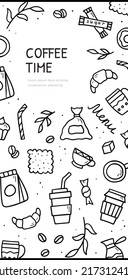 Hand drawn doodle set of coffee theme items. Vertical banner template. Sketch style illustration.
