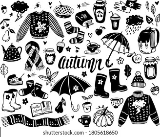 Juego de doodles dibujado a mano, colección de iconos de otoño. Botas de goma, nube, libro, taza de té, suéter, paraguas, tarta, frutas, hojas, tarro de mermelada.