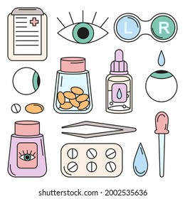 Hand drawn doodle set of colorful ophthalmology icons including eye drops, eye, pills, tweezers, contact lenses case, bottle of pills, pipette, clipboard. Isolated vector illustration