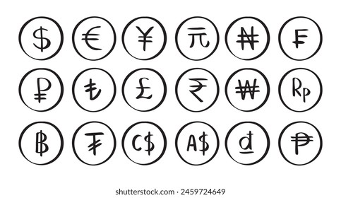 Hand drawn doodle set currency symbol. Currencies of different countries icons circle. Vector illustration