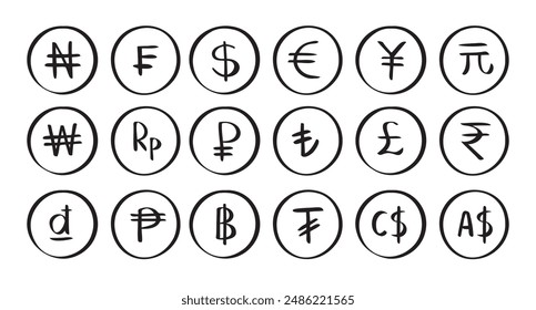 Hand drawn doodle set currency symbol. Currencies of different countries icons circle. Vector illustration