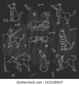 Hand drawn doodle set of cute dogs icons Vector illustration set. Cartoon normal everyday home pets activities symbols. Sketchy puppy collection: howl, play with ball, sleep, walk, eat, ask for food