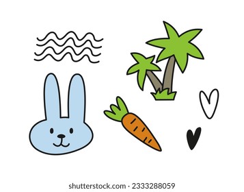 Hand drawn of doodle set. Cute adorable outline icons with smiling hare and carrot, palm tree and waves. Print for textiles and wallpapers. Linear flat vector collection isolated on white background