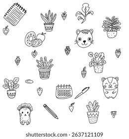 Hand drawn doodle set of cute plants, animals, food, and stationery objects. Black and white sketch style illustration for coloring book, kids, stickers, or digital design