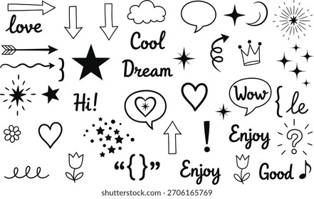 Handgezeichnetes Doodle-Set mit süßen Elementen und Schriftzug in Schwarz und Weiß